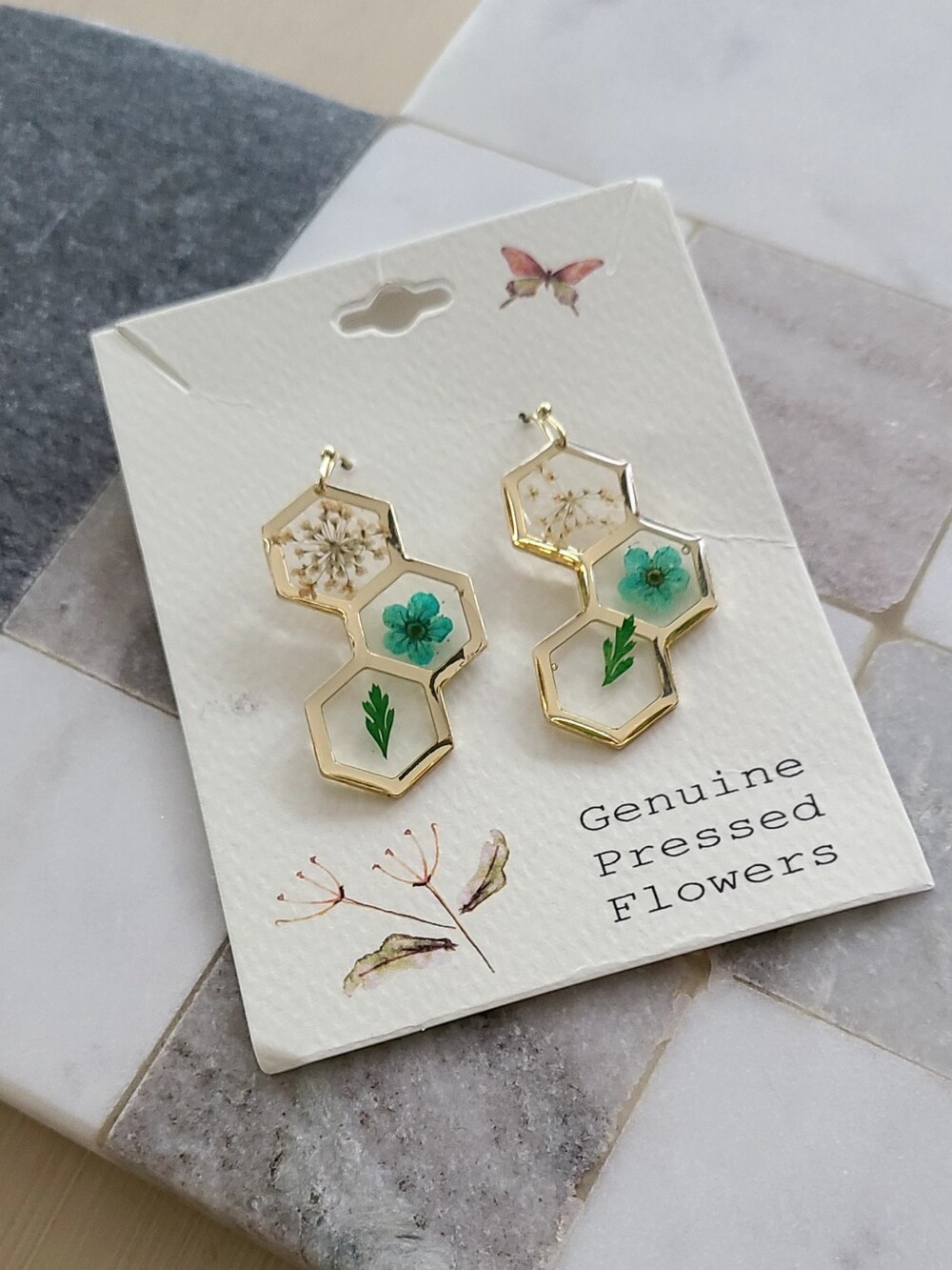 Gold Hexagon Floral Drop Earrings with Teal Flowers